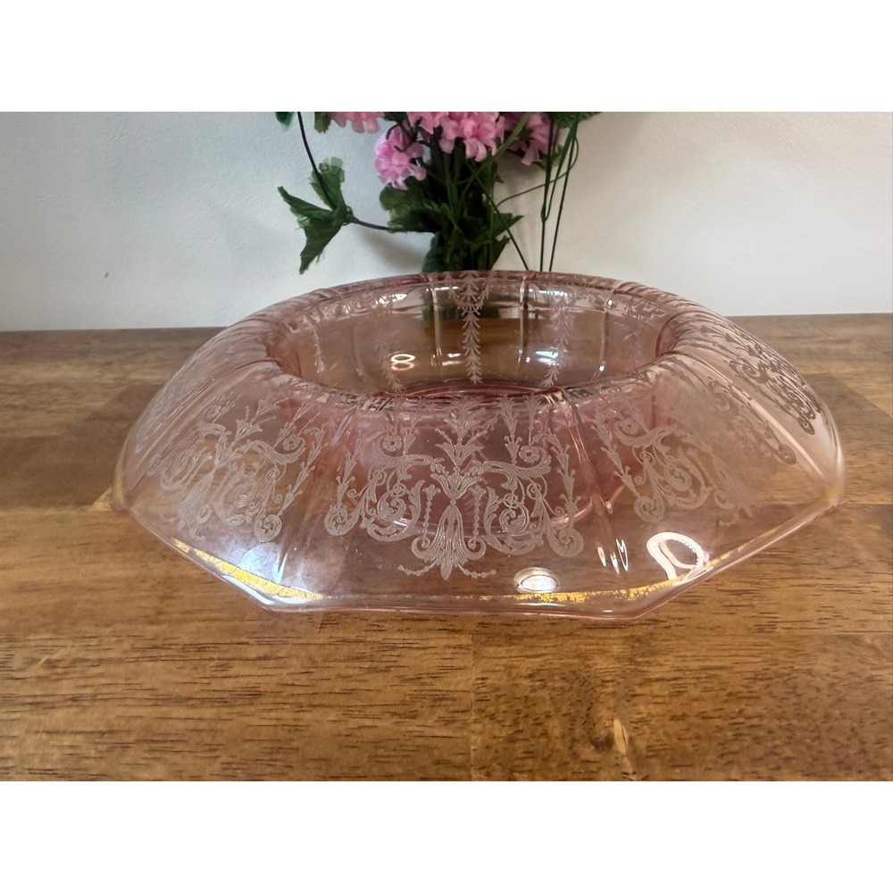 Vintage Pink Depression Glass Etched Floral Art Deco Console Centerpiece Bowl